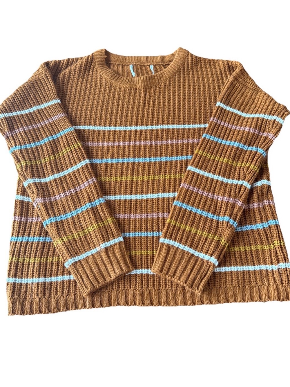 Pink Rose Burnt Orange Striped Ribbed Crew Neck Womens Sweater Horizontal Lines
